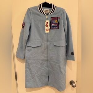 Pucca Blue Long varsity Coat with Patches. New with tags.size xl. Rare.